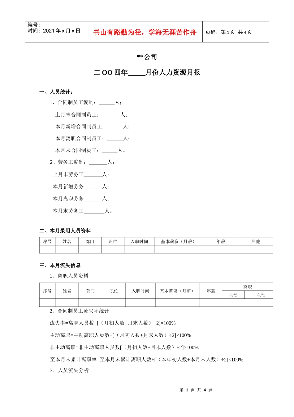某公司月度人力资源总结模版_第1页