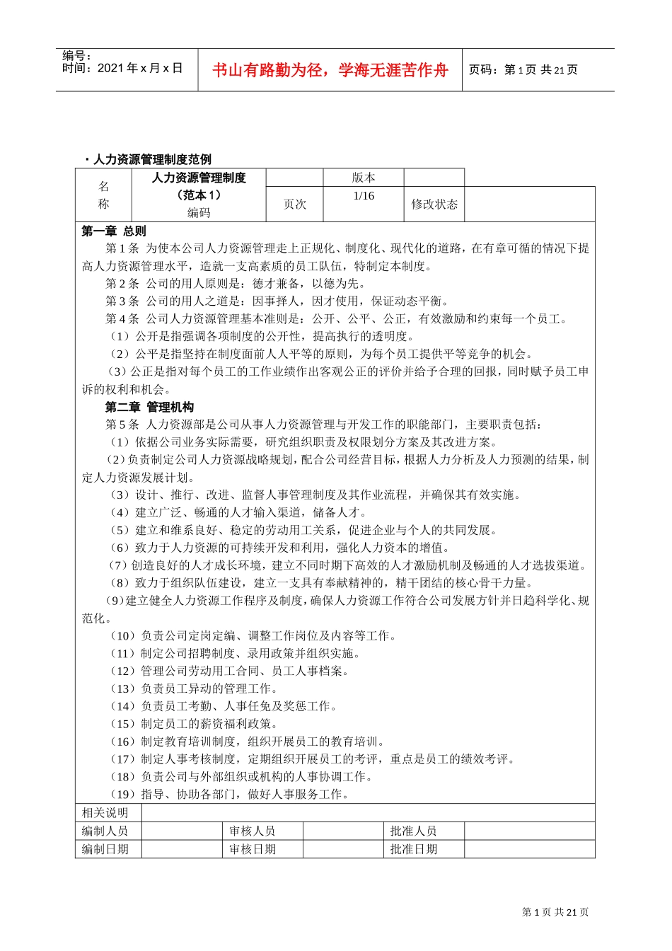 某某公司人力资源制度范例_第1页