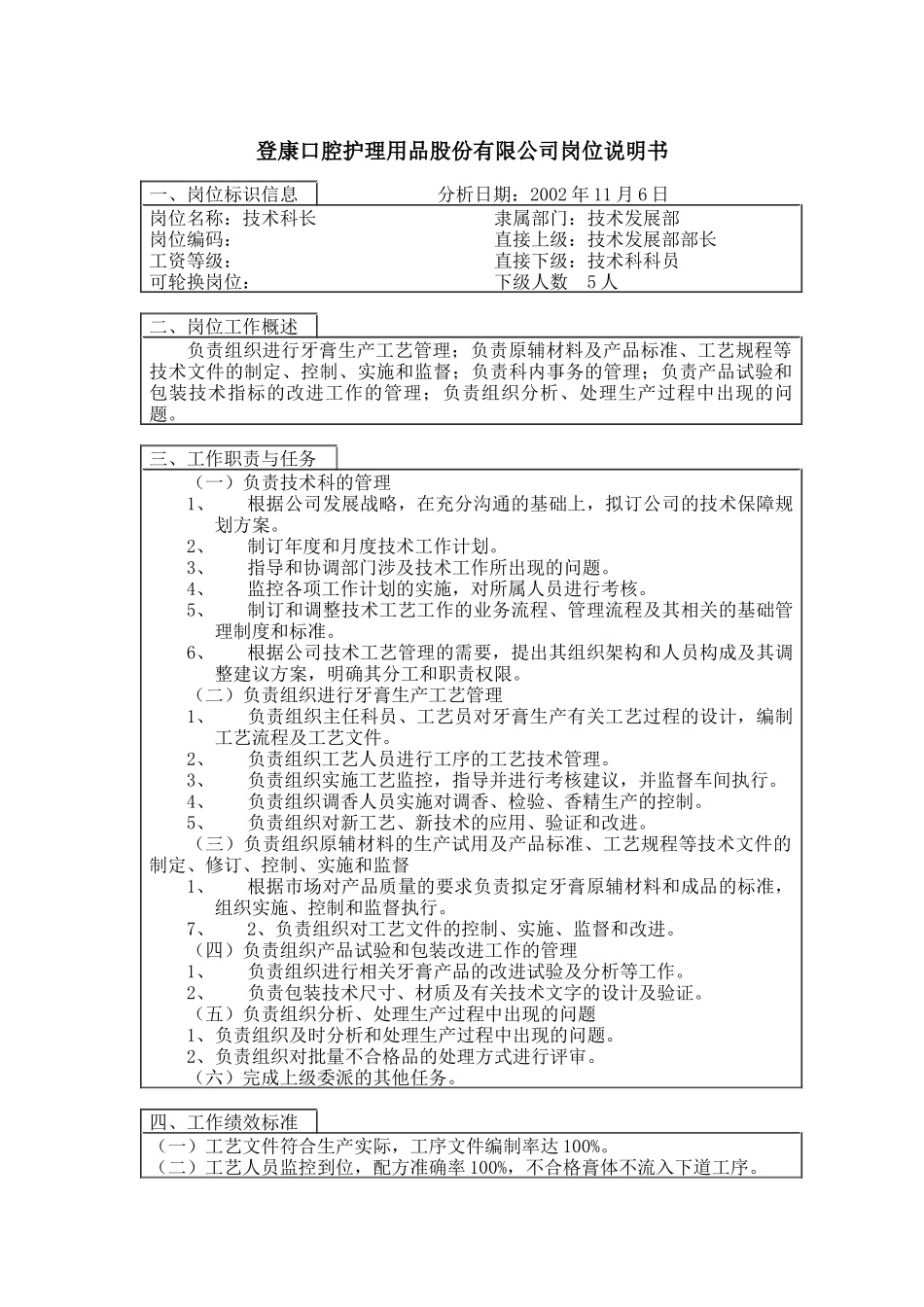登康口腔护理用品股份有限公司技术科科长岗位说明书_第1页