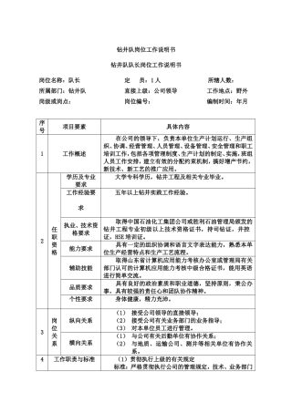 钻井队岗位工作描述