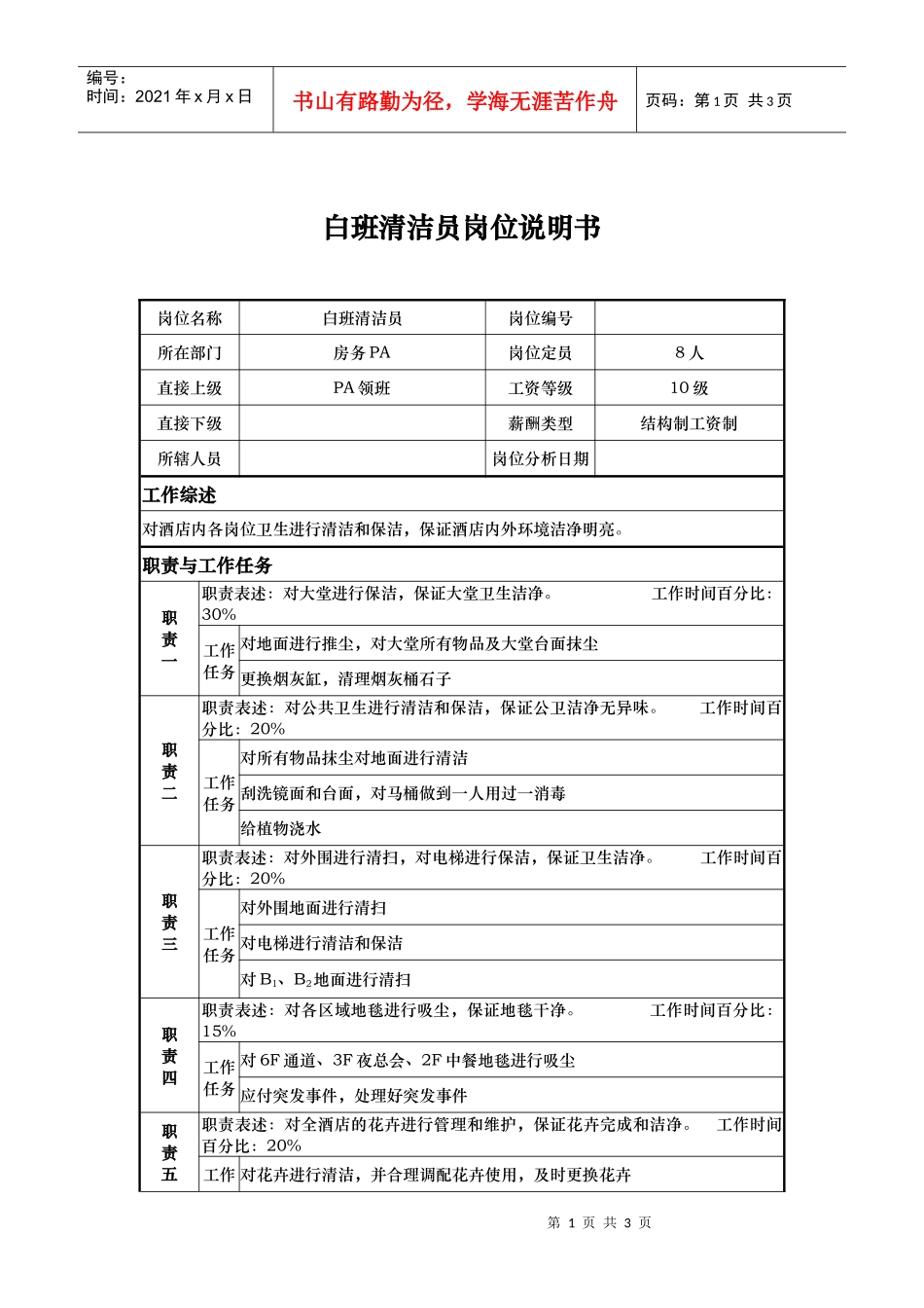白班清洁员岗位说明书_第1页