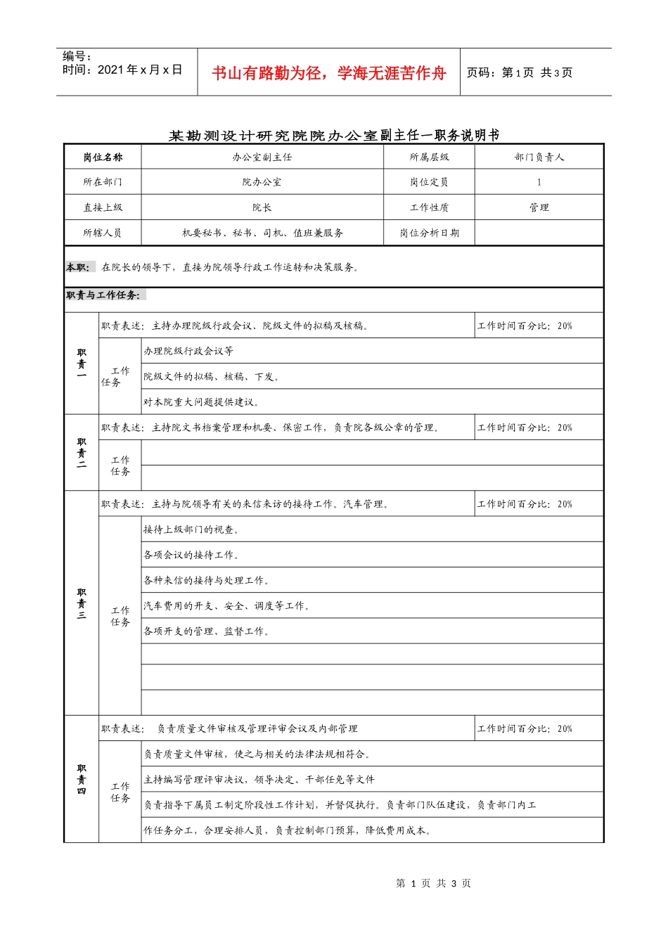 某勘测设计研究院院办公室副主任一职务说明书._第1页