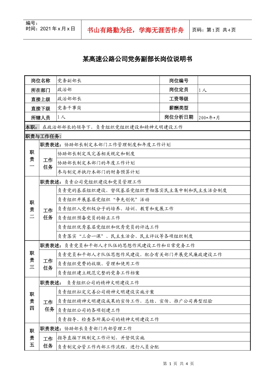 某高速公路公司党务副部长岗位说明书_第1页
