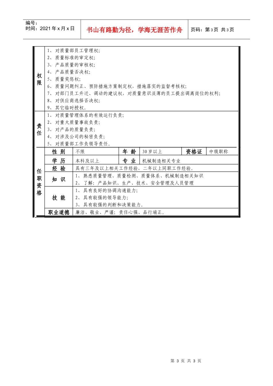 某中型制造业质量管理部经理岗位说明书_第3页