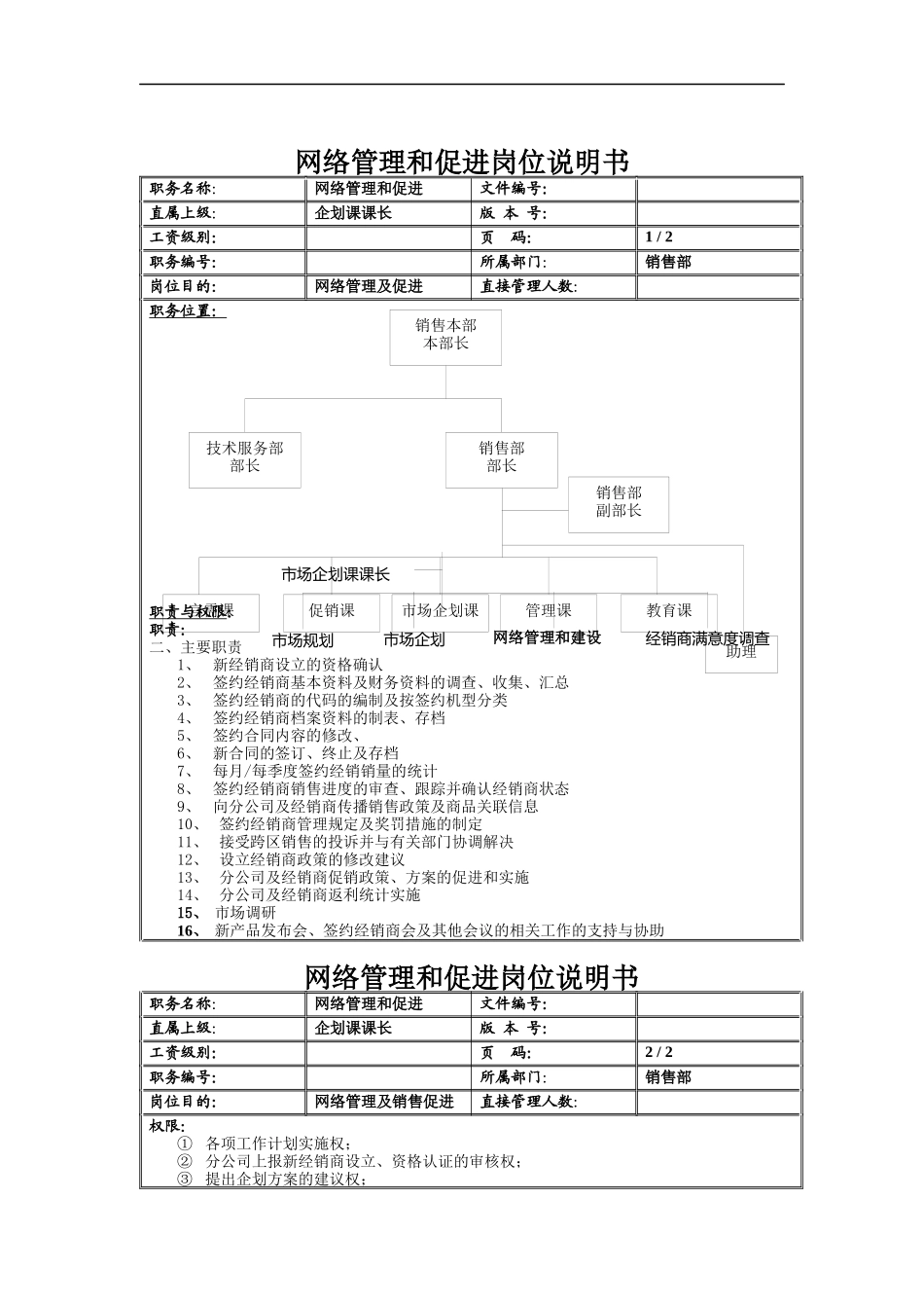 网络管理和促进岗位说明书_第1页