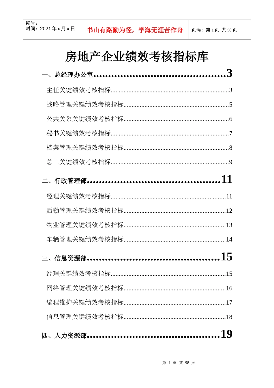 房地产公司岗位KPI指标库（DOC55页）_第1页