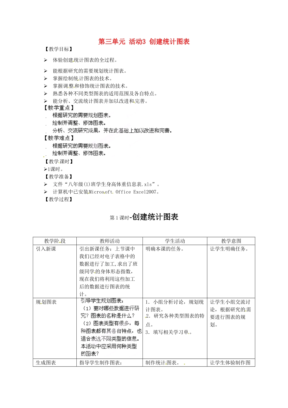 湖北省襄阳市第四十七中学八年级信息技术下册《第三单元 活动3 创建统计图表》教案_第1页