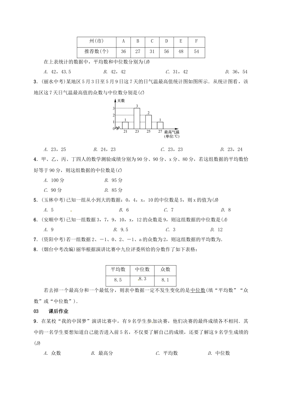 八年级数学下册 20.1.2 中位数和众数 第2课时 平均数、中位数和众数的应用学案 （新版）新人教版-（新版）新人教版初中八年级下册数学学案_第2页