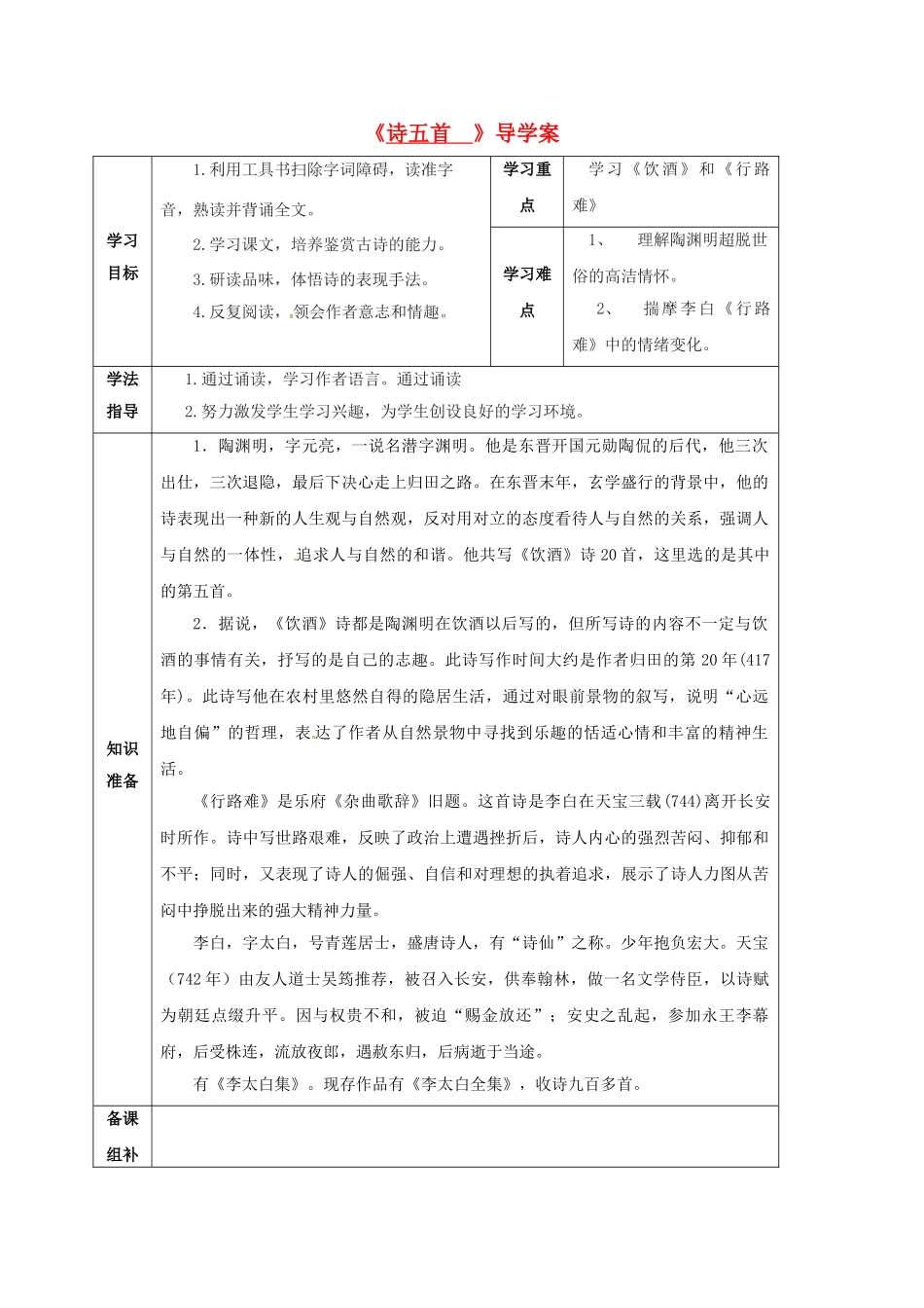 甘肃省定西市八年级语文下册 第六单元 30 诗五首导学案1 （新版）新人教版-（新版）新人教版初中八年级下册语文学案_第1页