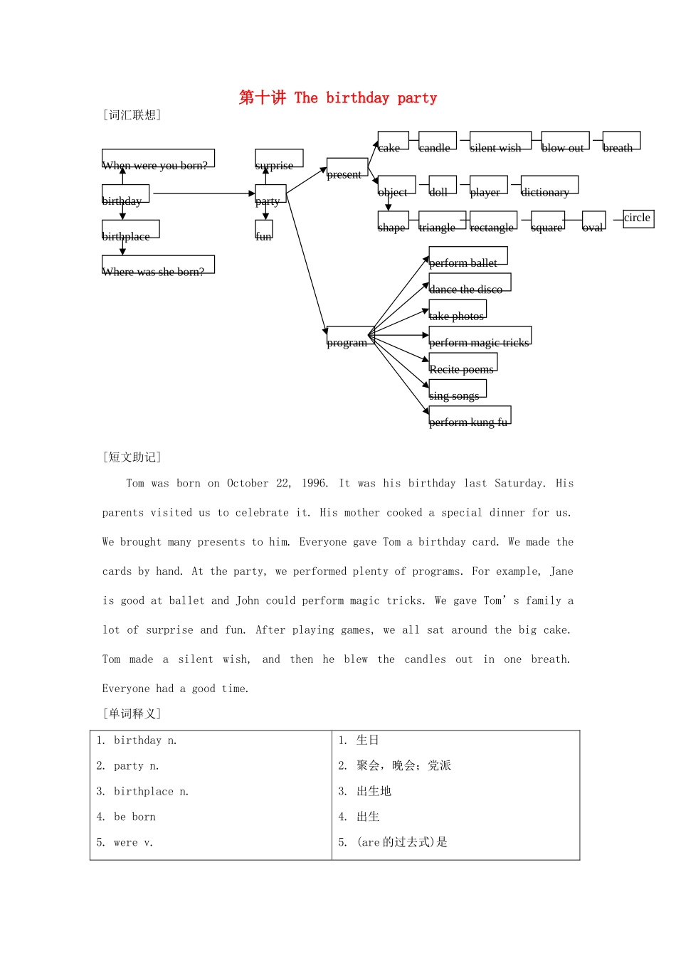 福建省中考英语词汇联想 第十讲《The birthday party》学案_第1页