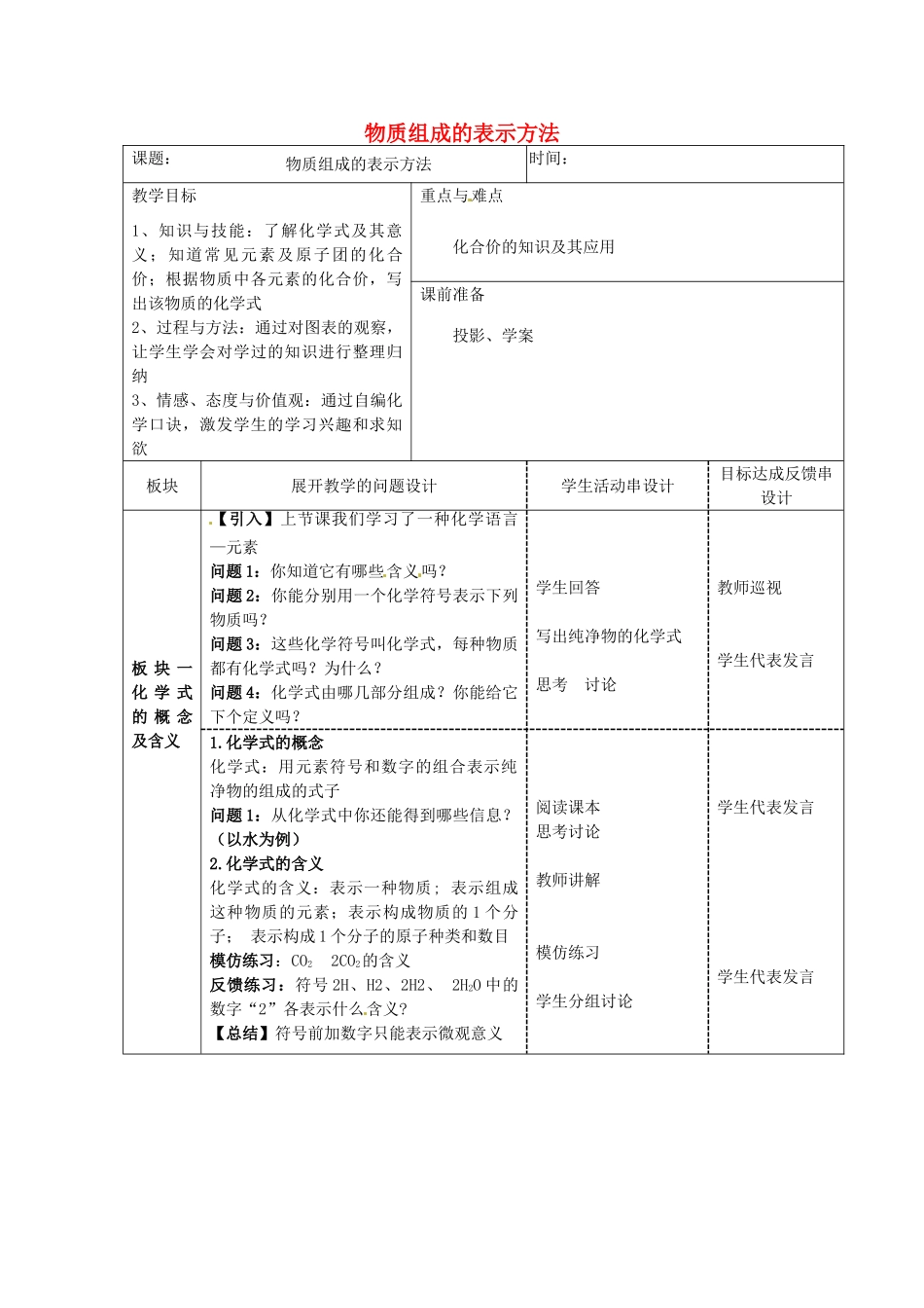 江苏省常州市西夏墅中学九年级化学下册《第四节 物质组成的表示方法》教案 新人教版_第1页