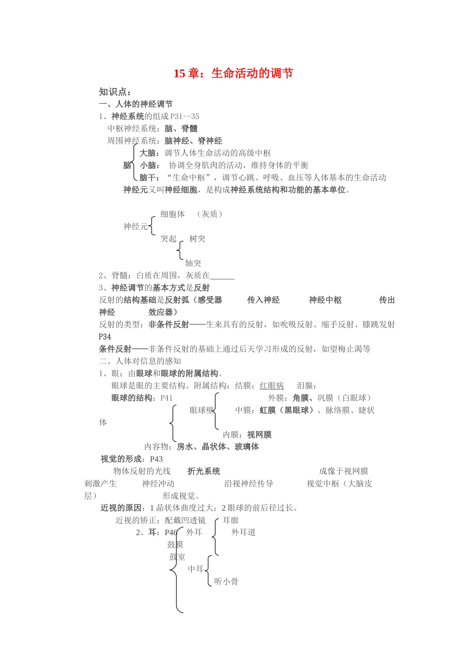 八年级生物：第十五章生命活动的调节复习学案教案苏科版_第1页