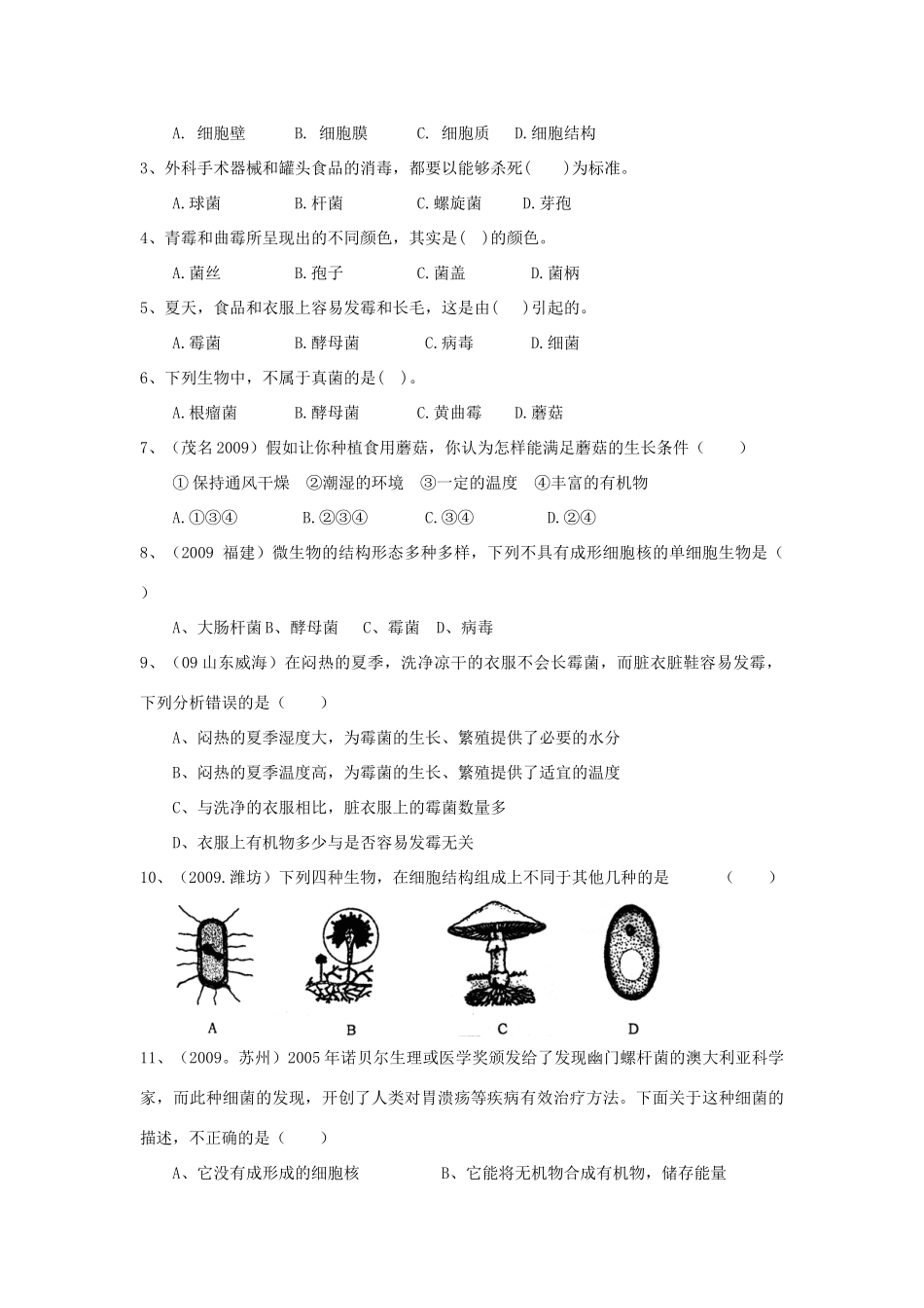 八年级生物第四章 分布广泛的细菌和真菌复习学案人教版_第3页