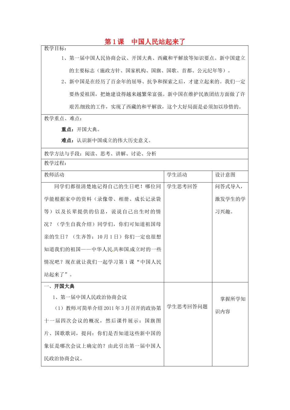 江苏省昆山市锦溪中学八年级历史下册 第1课 中国人民站起来了教案 新人教版_第1页
