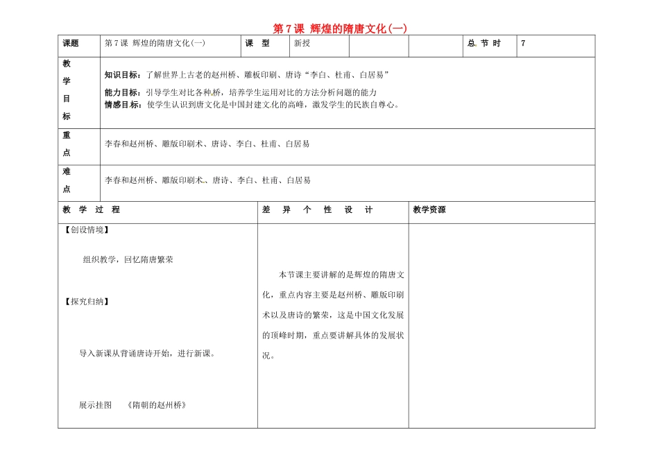 吉林省长春市第一零四中学七年级历史下册 第7课 辉煌的隋唐文化(一)教案 新人教版_第1页