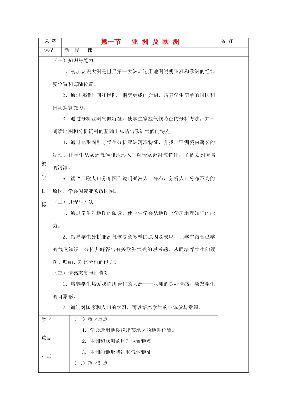 福建省泉州市泉港三川中学七年级地理下册 第一章 第一节《亚洲及非洲》教案_第1页