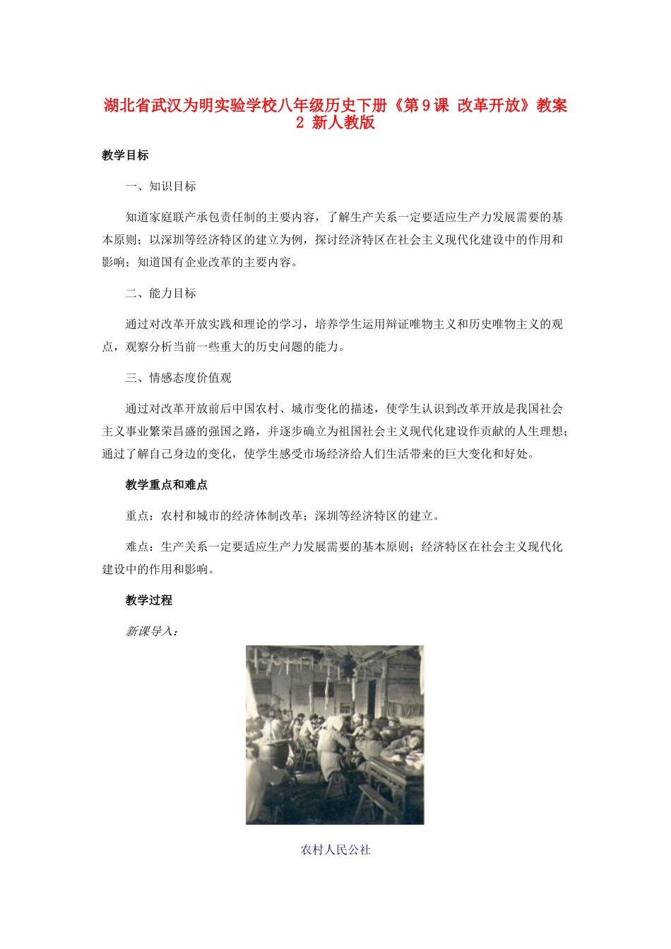 湖北省武汉为明实验学校八年级历史下册《第9课 改革开放》教案2 新人教版_第1页