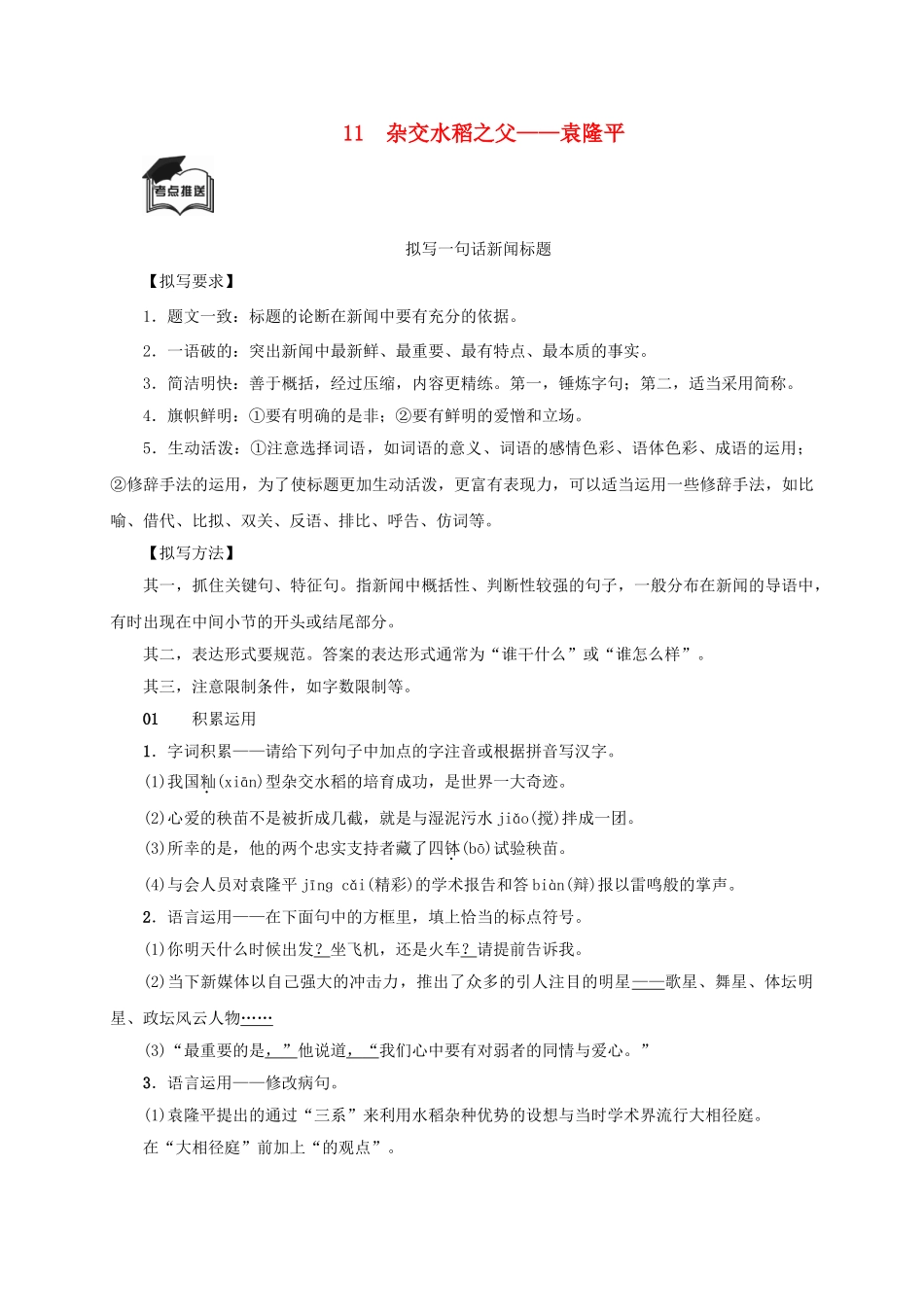八年级语文上册 第三单元 第11课《杂交水稻之父——袁隆平》同步学案 语文版-语文版初中八年级上册语文学案_第1页