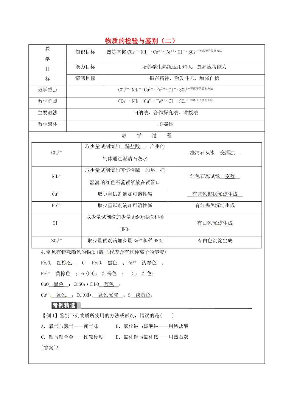 黑龙江省鸡西市恒山区中考化学 第17讲 物质的检验与鉴别复习教案2-人教版初中九年级全册化学教案_第1页
