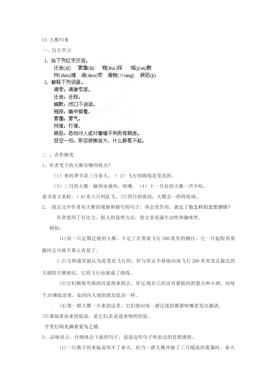湖南省郴州市嘉禾县坦坪中学八年级语文下册 14大雁归来学案 新人教版_第3页