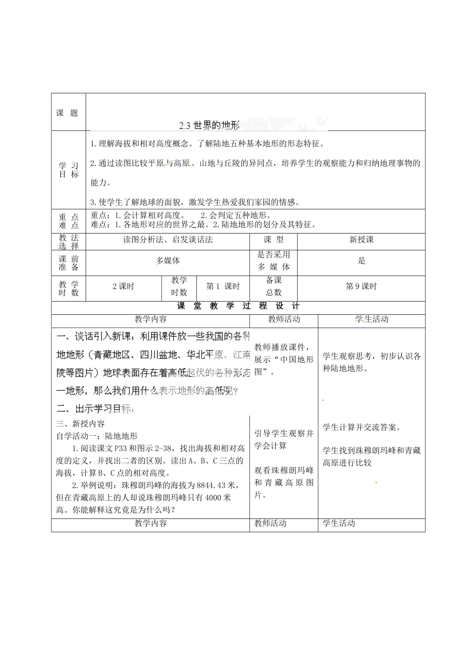 甘肃省酒泉市瓜州县第二中学七年级地理上册 2.3 世界的地形（第1课时）教学案 湘教版_第2页