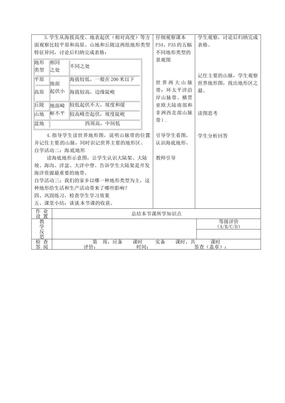 甘肃省酒泉市瓜州县第二中学七年级地理上册 2.3 世界的地形（第1课时）教学案 湘教版_第3页