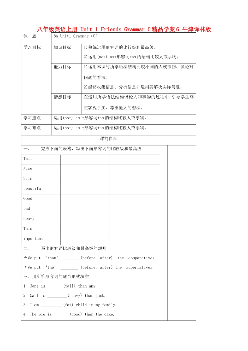 八年级英语上册 Unit 1 Friends Grammar C精品学案6 牛津译林版_第1页