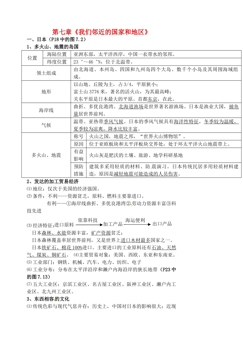 江苏省涟水县第四中学七年级地理下册 第七章《我们邻近的国家和地区》教案 新人教版_第1页