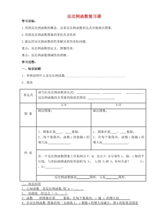 八年级数学下册 反比例函数复习学案（无答案） 人教新课标版