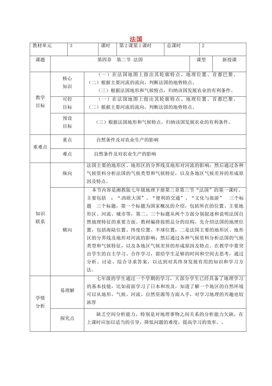 甘肃省临泽县七年级地理下册 第八章 第四节 法国（第1课时）教学设计 （新版）湘教版-（新版）湘教版初中七年级下册地理教案_第1页