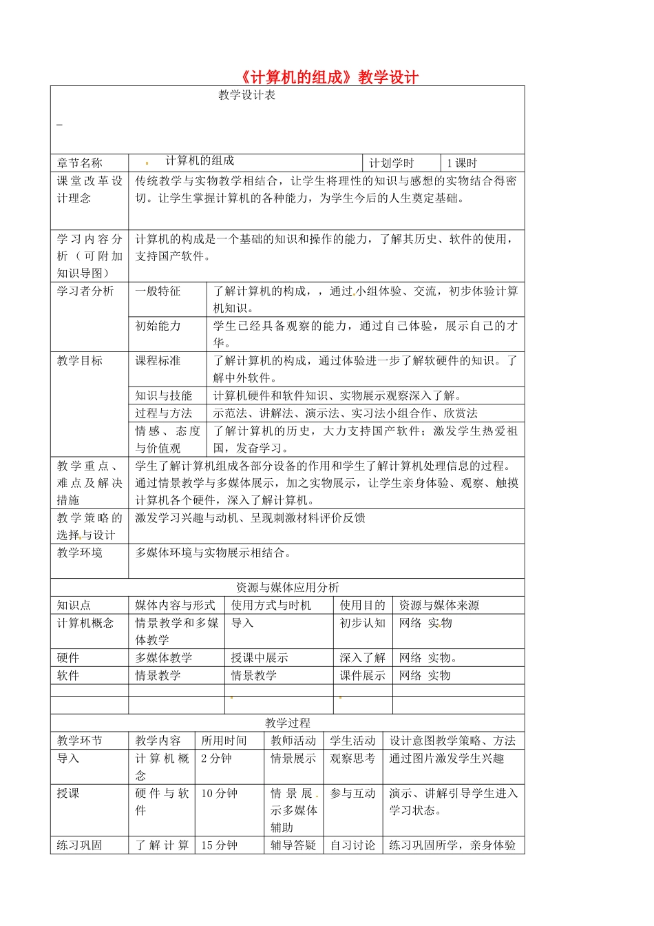 河南省洛阳51中七年级信息技术《计算机的组成》教学设计 新人教版_第1页