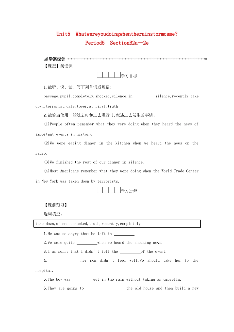 八年级英语下册 Unit 5 What were you doing when the rainstorm came（Period5 SectionB2a—2e）学案设计 （新版）人教新目标版-（新版）人教新目标版初中八年级下册英语学案_第1页
