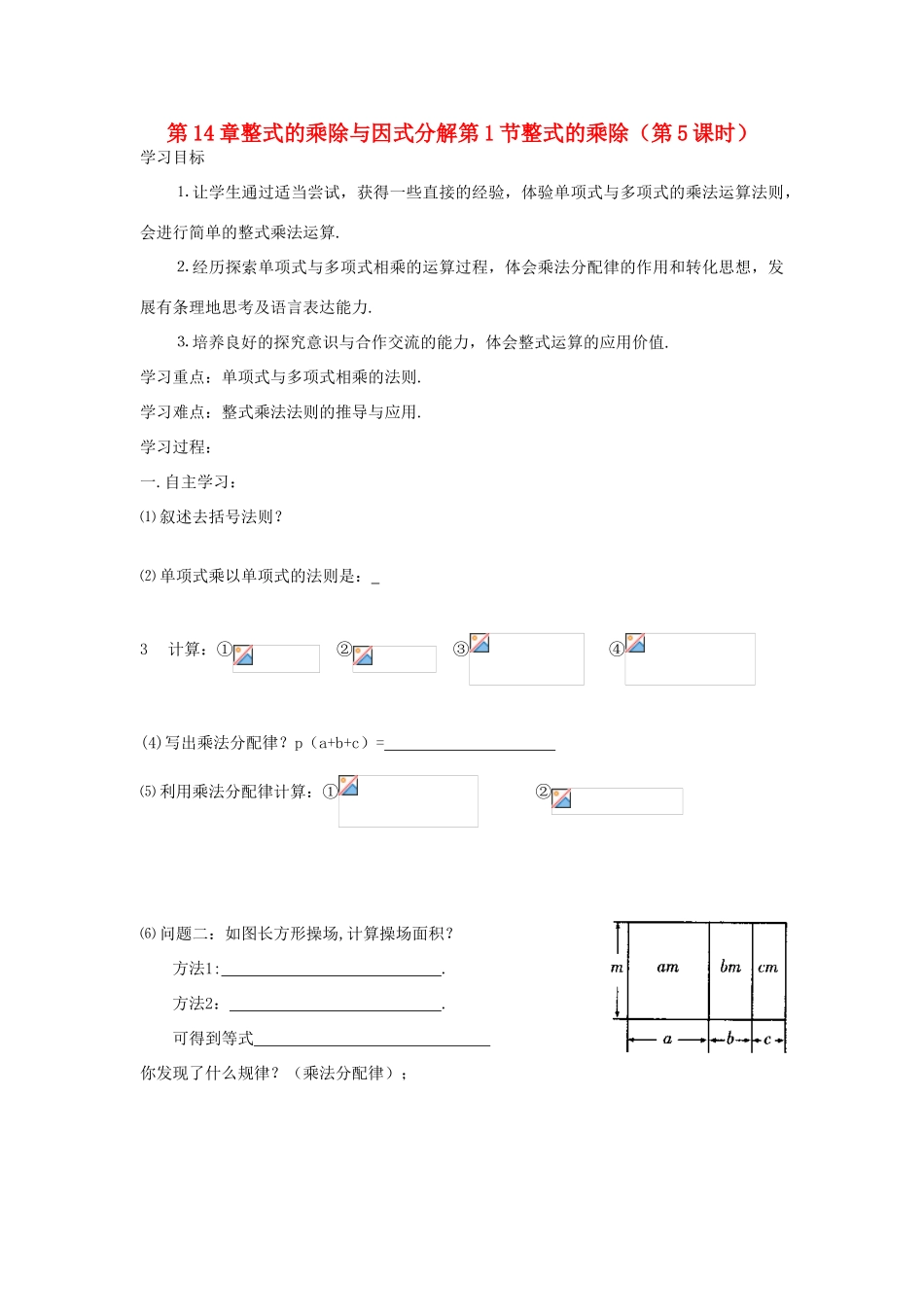 八年级数学上册 第14章整式的乘除与因式分解第1节整式的乘除（第5课时）导学案 新人教版-新人教版初中八年级上册数学学案_第1页