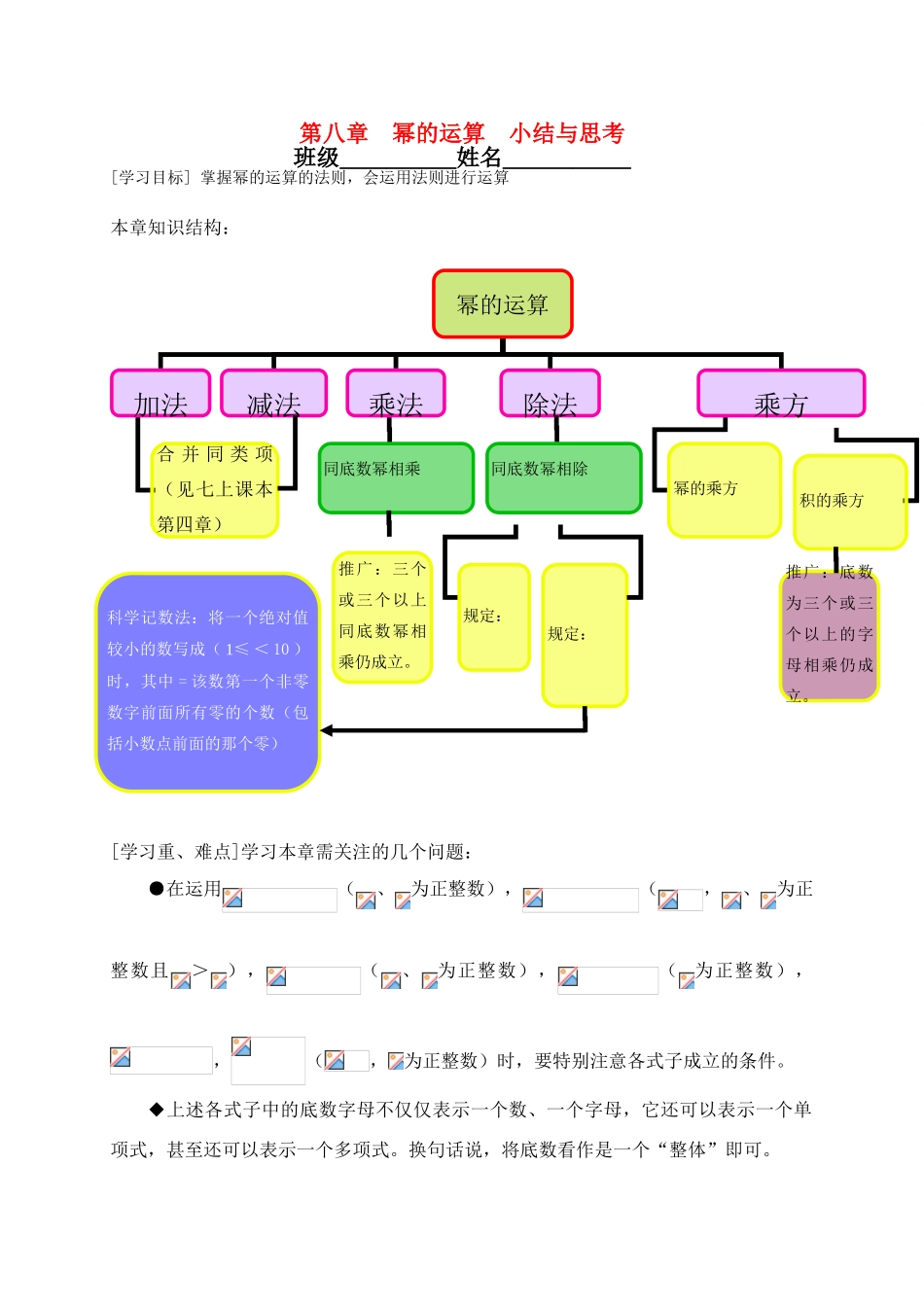 江苏省连云港市海州实验中学七年级数学下册 第七课时 幂的运算 小结与思考学案（无答案） 苏科版_第1页
