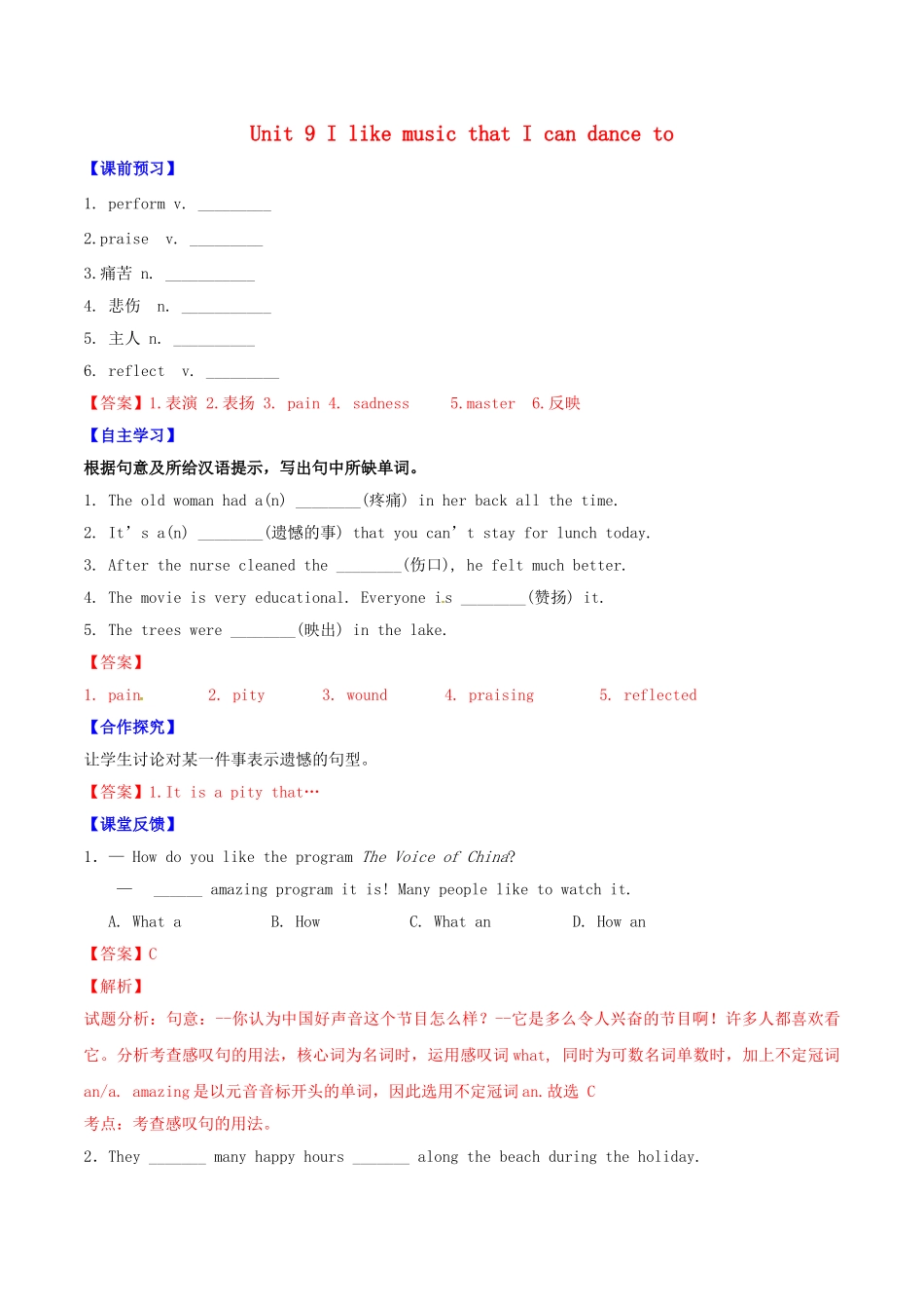 北大绿卡九年级英语全册 Unit 9 I like music that I can dance to（第3课时）Section B（1a-2e）导学案 （新版）人教新目标版-（新版）人教新目标版初中九年级全册英语学案_第1页