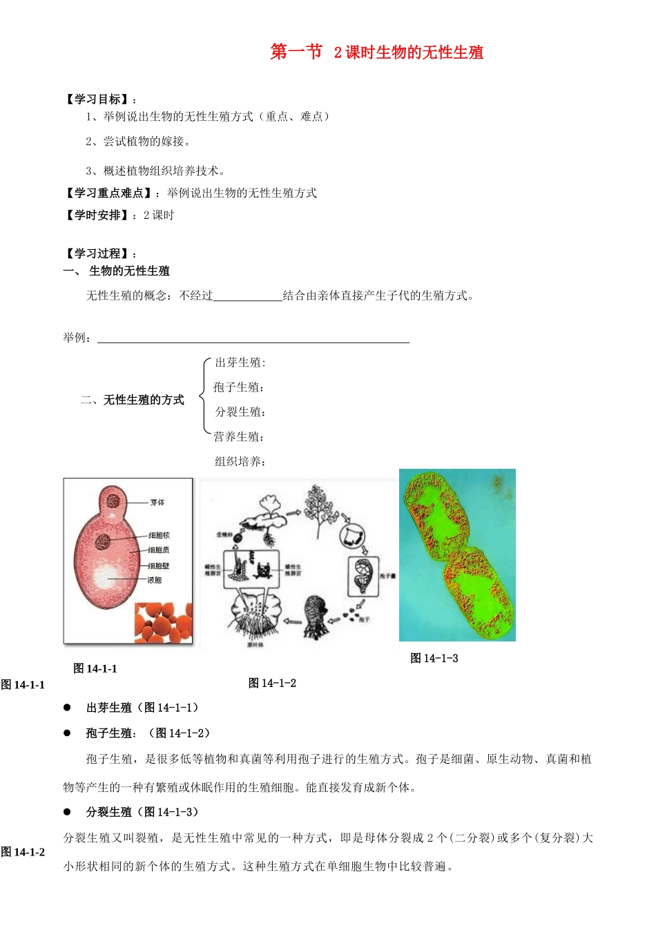 八年级生物上册 第14章第一节生物的无性生殖学案（无答案） 上教版_第1页
