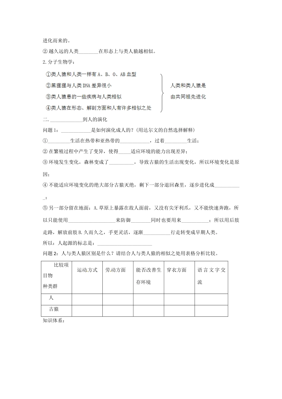 八年级生物下册 5.2.1人类的起源导学案（答案不全）（新版）济南版-（新版）济南版初中八年级下册生物学案_第3页
