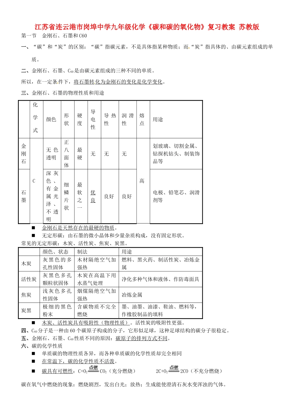 江苏省连云港市岗埠中学九年级化学《碳和碳的氧化物》复习教案 苏教版_第1页