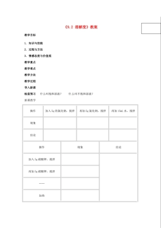 江苏省东台市唐洋镇中学九年级化学下册《9.2 溶解度》教案 新人教版