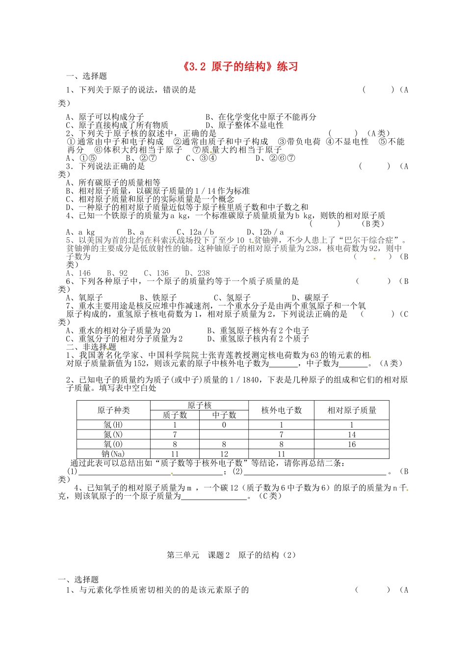 江苏省东台市唐洋镇中学九年级化学上册《3.2 原子的结构》练习（无答案） 新人教版_第1页