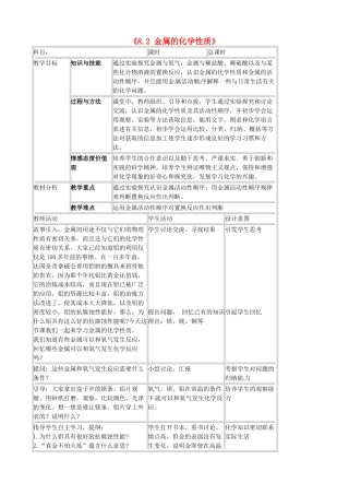 吉林省四平市第十七中学九年级化学下册《8.2 金属的化学性质》教案2 新人教版