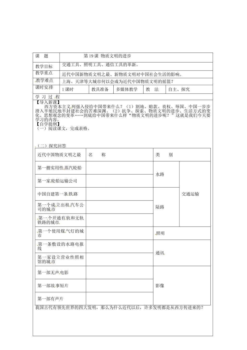 八年级历史上册 第19课 物质文明的进步教案1 华东师大版-华东师大版初中八年级上册历史教案_第2页