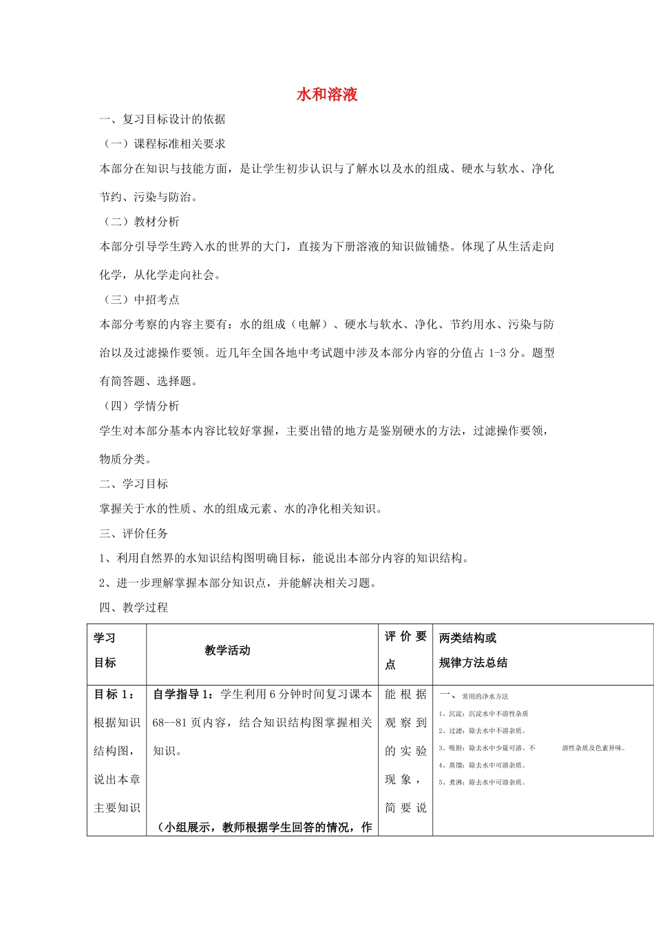 河南省商水县练集二中中考化学第一轮复习 水和溶液（第1课时）教案-人教版初中九年级全册化学教案_第1页