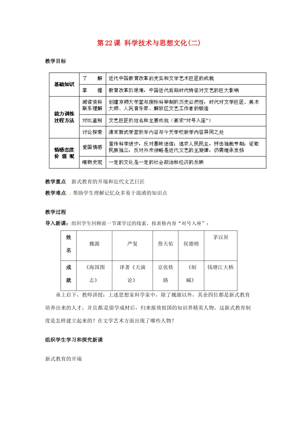 吉林省德惠七中八年级历史上册 第22课 科学技术与思想文化（二）教案 新人教版_第1页