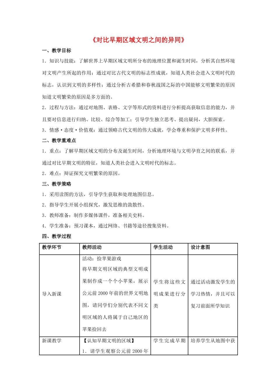 八年级历史与社会上册 第一单元 多元发展的早期文明 综合探究一 对比早期区域文明之间的异同教案 人教版-旧人教版初中八年级上册历史与社会教案_第1页