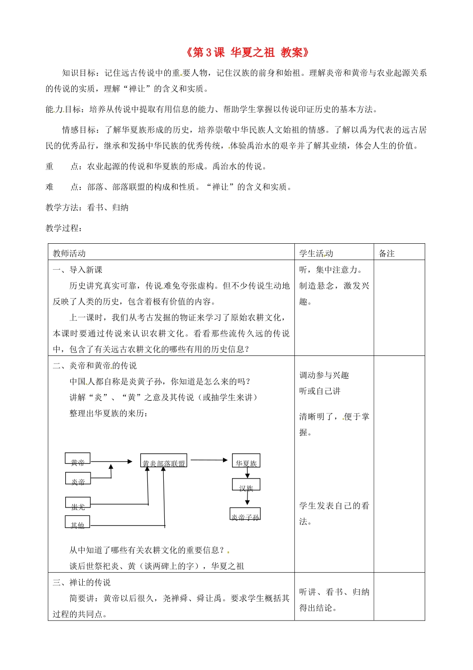 江苏省东台市唐洋镇中学七年级历史上册《第3课 华夏之祖 》教案 新人教版_第1页