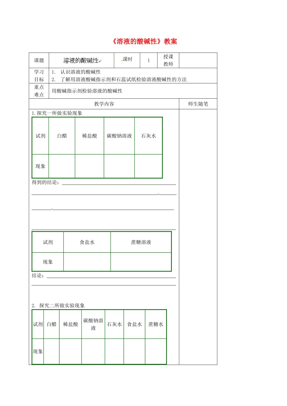 河北省滦南县青坨营中学九年级化学下册《溶液的酸碱性》教案 （新版）新人教版_第1页
