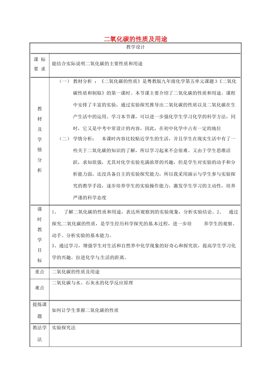 湖南省益阳市资阳区迎丰桥镇九年级化学上册 第五章 燃料 5.3 二氧化碳的性质和制法 二氧化碳的性质及用途教案 （新版）粤教版-（新版）粤教版初中九年级上册化学教案_第1页