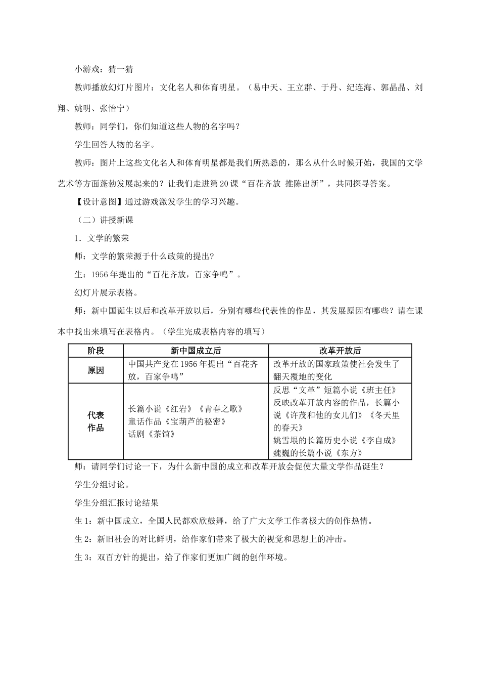 八年级历史下册 第20课《百花齐放 推陈出新》教学设计 新人教版-新人教版初中八年级下册历史教案_第2页