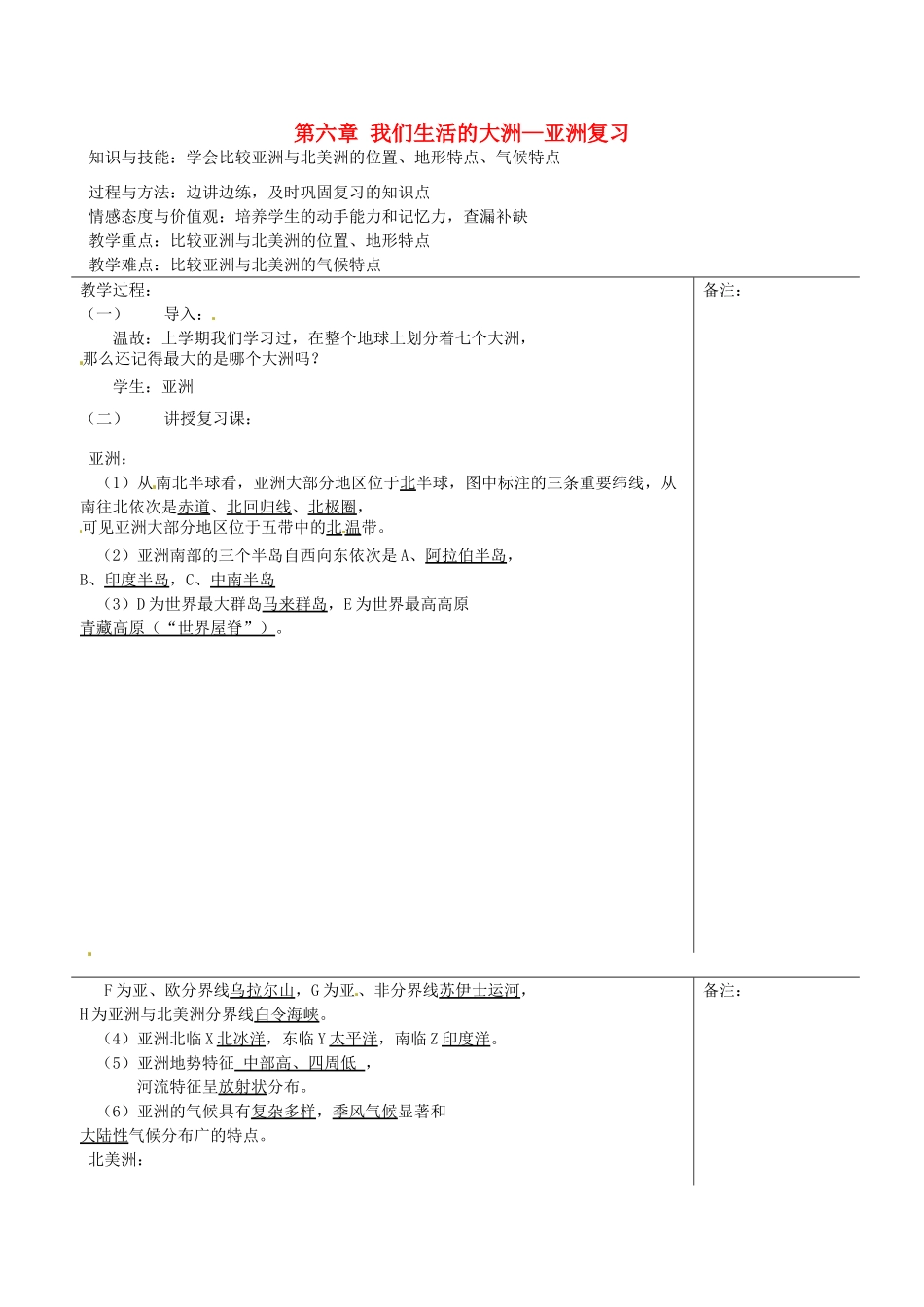 福建省福清西山中学七年级地理下册 第六章 我们生活的大洲—亚洲复习教案 （新版）新人教版_第1页